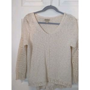 Lucky Brand Sweater Crème Crochet Open Knit Pullover Button Back Sz M
